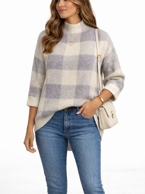 Christian Siriano Plaid Sweater | Purple Gray Cream Knit | Cozy Chic